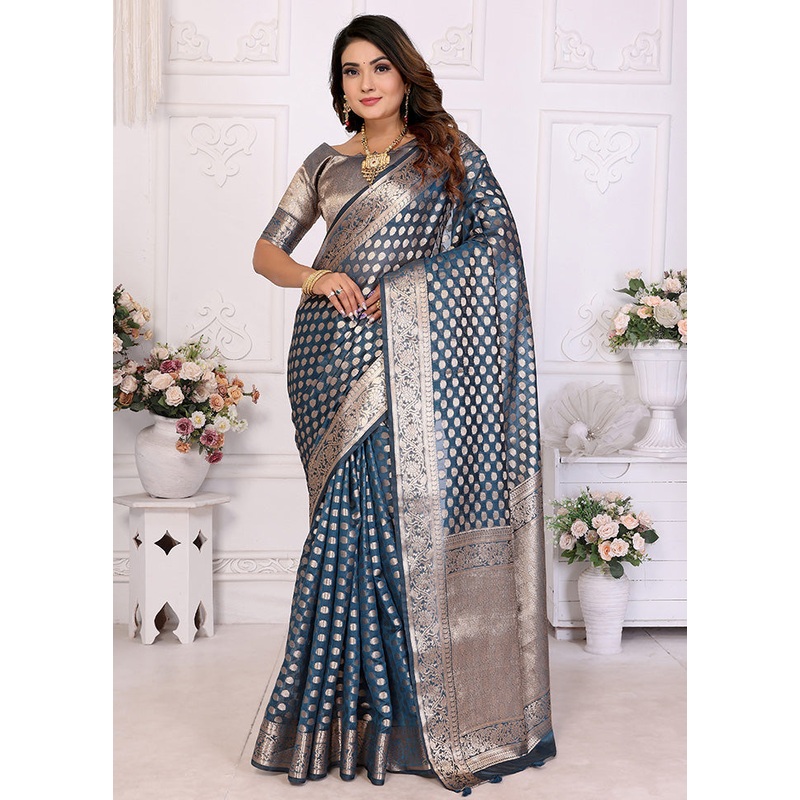 Blue Organza Saree With Blouse Piece - JD986587283