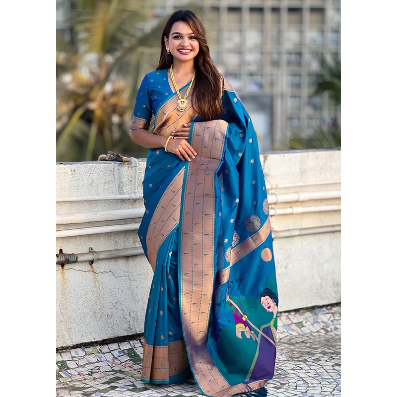 Blue Spun Silk Saree With Blouse Piece - JD986587280