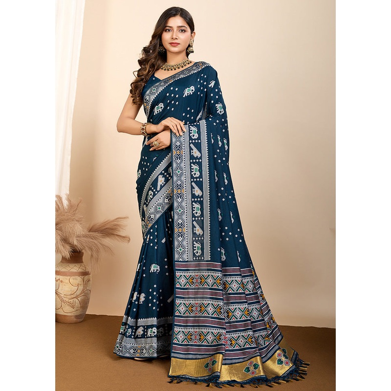 Blue Spun Silk Saree With Blouse Piece - JD986587281