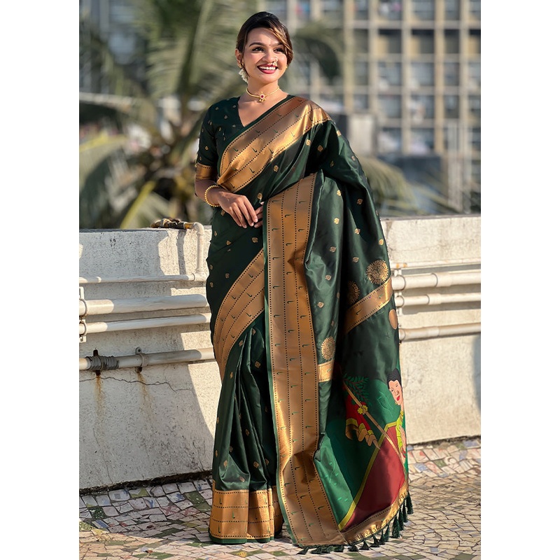 Bottle Green Spun Silk Saree With Blouse Piece - JD986587279