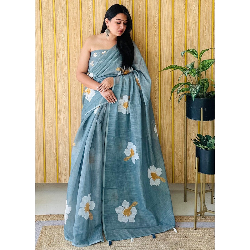 Green Linen Silk Saree With Blouse Piece - JD986587275