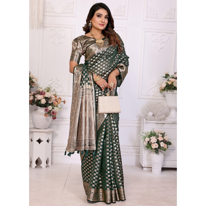 Green Organza Saree With Blouse Piece - JD986587274