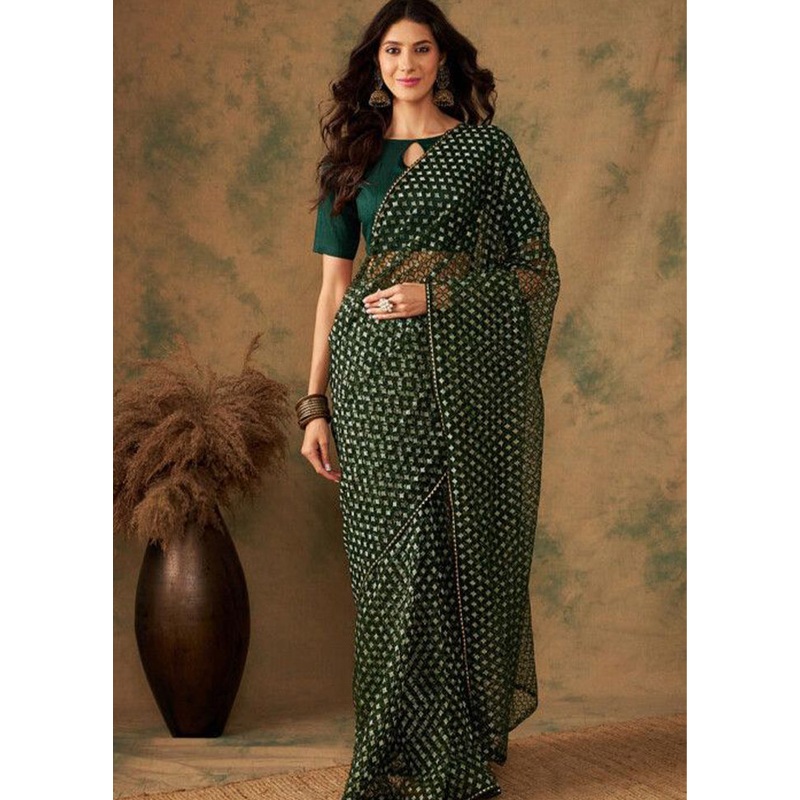 Green Organza Saree With Blouse Piece - JD986587442
