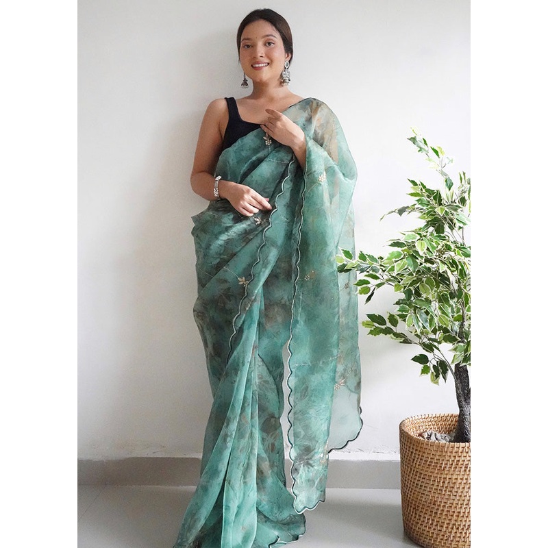 Green Organza Saree With Blouse Piece - JD986587443