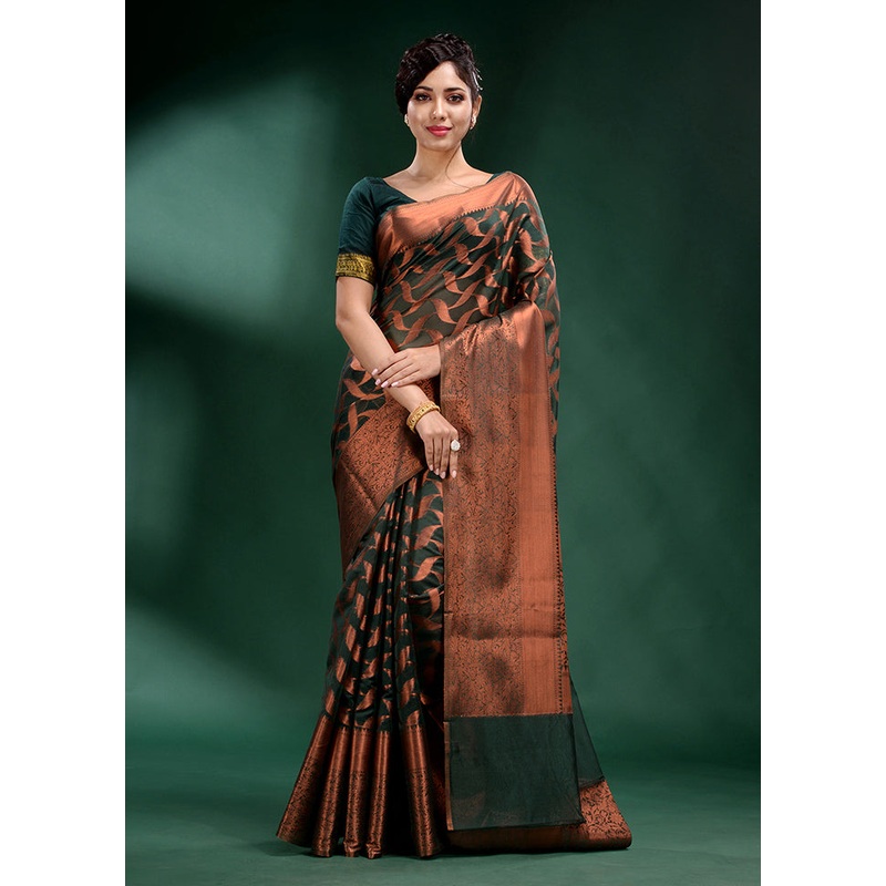 Green Organza Saree With Blouse Piece - JD986587444