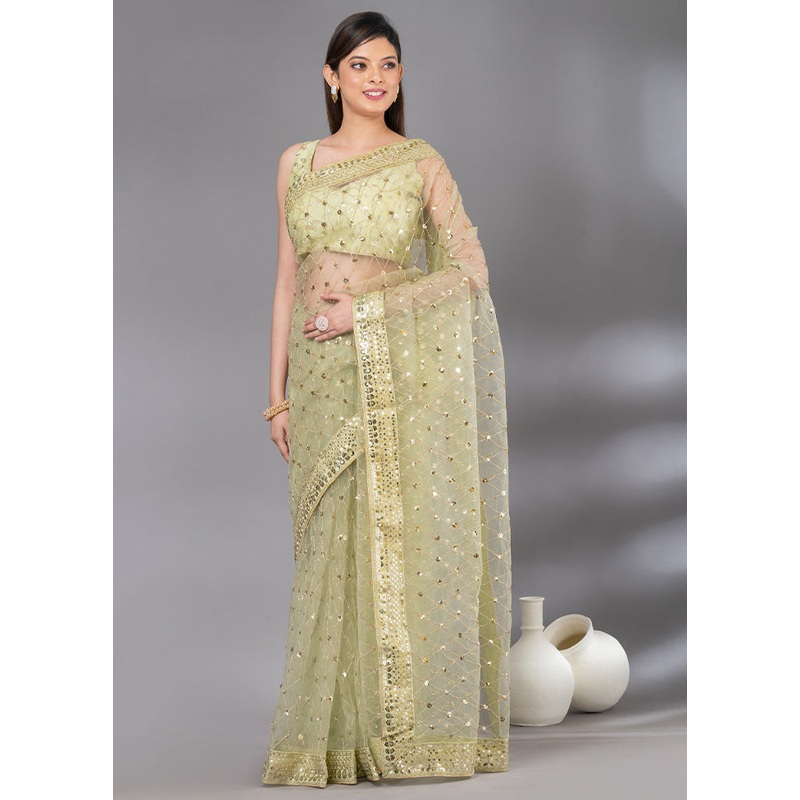 Green Organza Saree With Blouse Piece - JD986587445