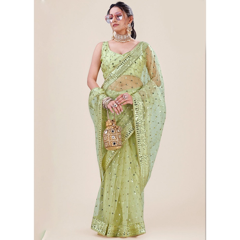 Green Organza Saree With Blouse Piece - JD986587446