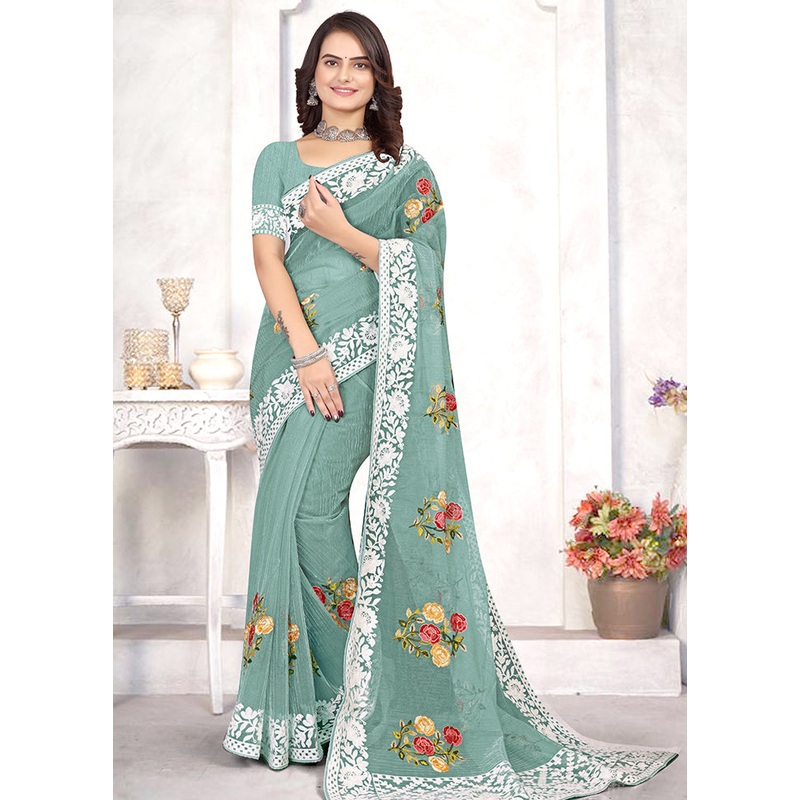 Green Organza Saree With Blouse Piece - JD986587447