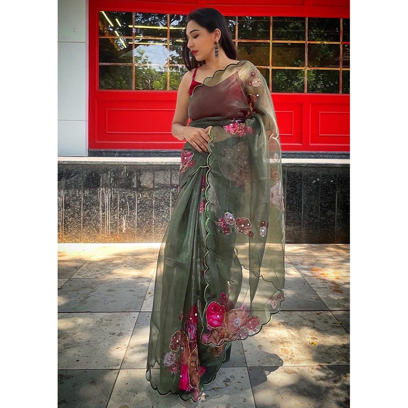 Green Organza Saree With Blouse Piece - JD986587448