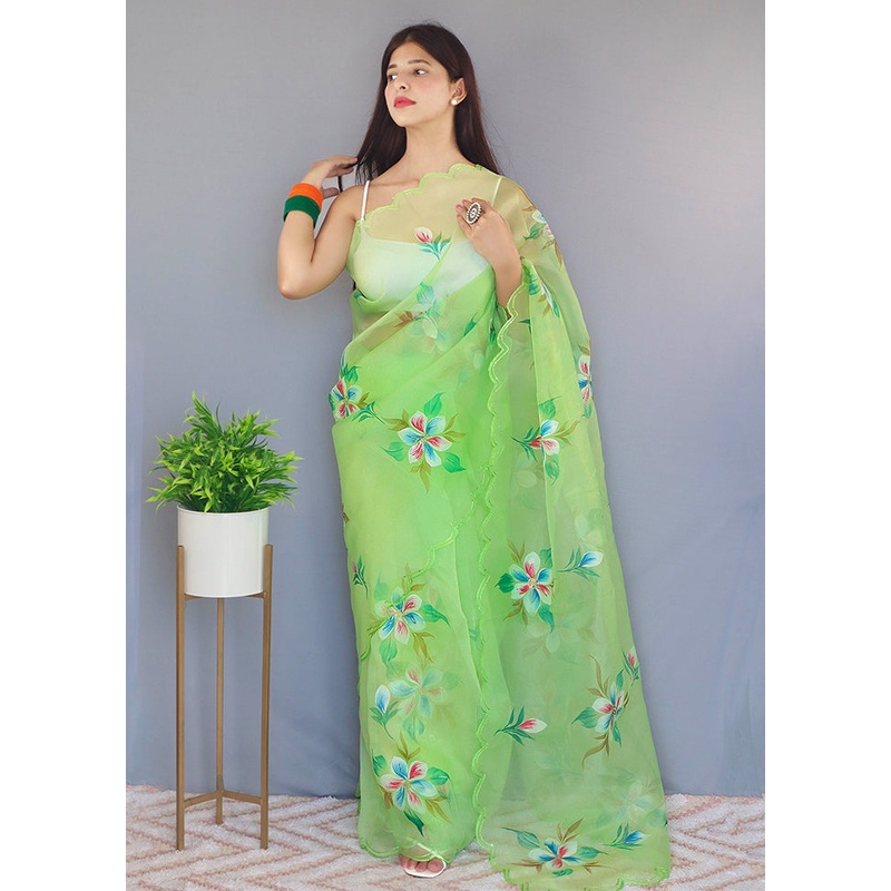 Green Organza Saree With Blouse Piece - JD986587449