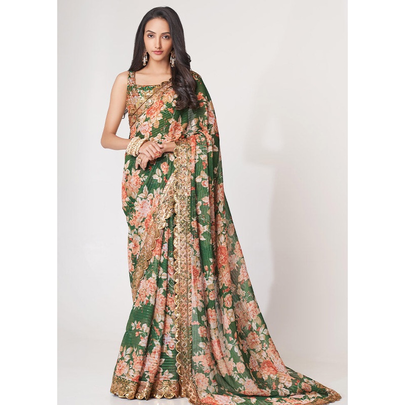 Green Organza Saree With Blouse Piece - JD986587450