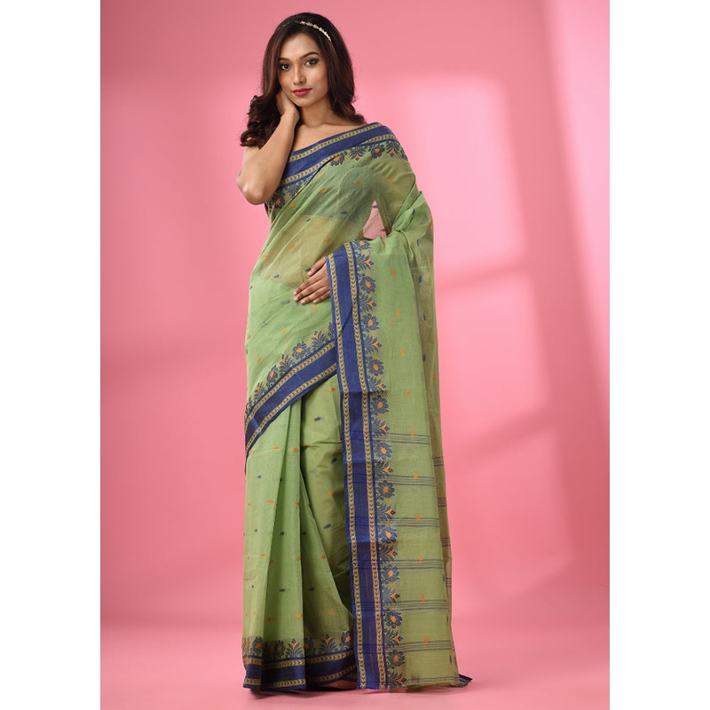 Green Pure Cotton Saree With Blouse Piece - JD986587390