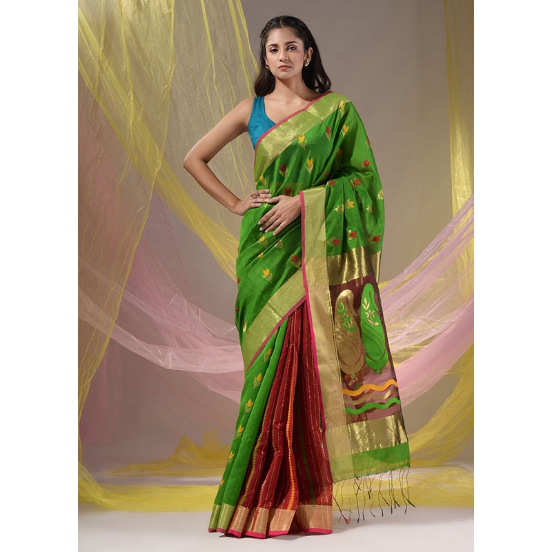 Green Pure Cotton Saree With Blouse Piece - JD986587408