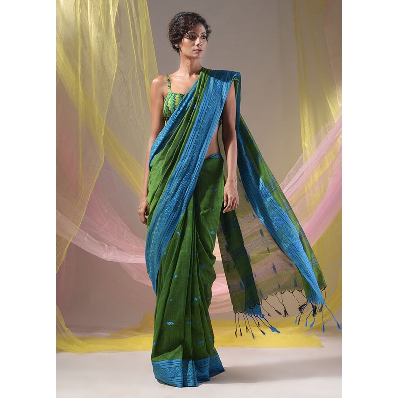 Green Pure Cotton Saree With Blouse Piece - JD986587410