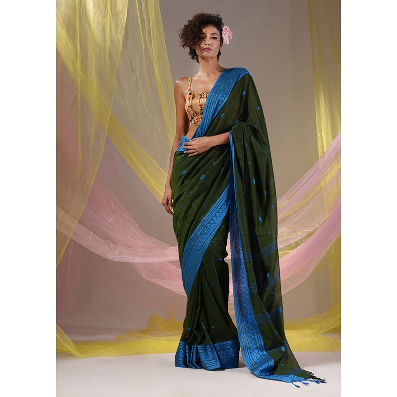 Green Pure Cotton Saree With Blouse Piece - JD986587411