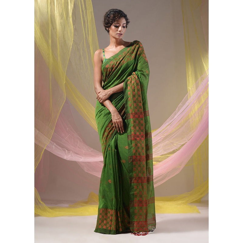 Green Pure Cotton Saree With Blouse Piece - JD986587412