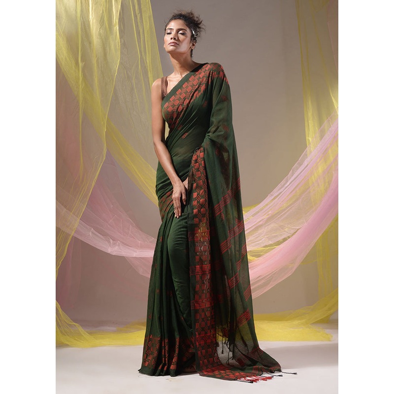 Green Pure Cotton Saree With Blouse Piece - JD986587413