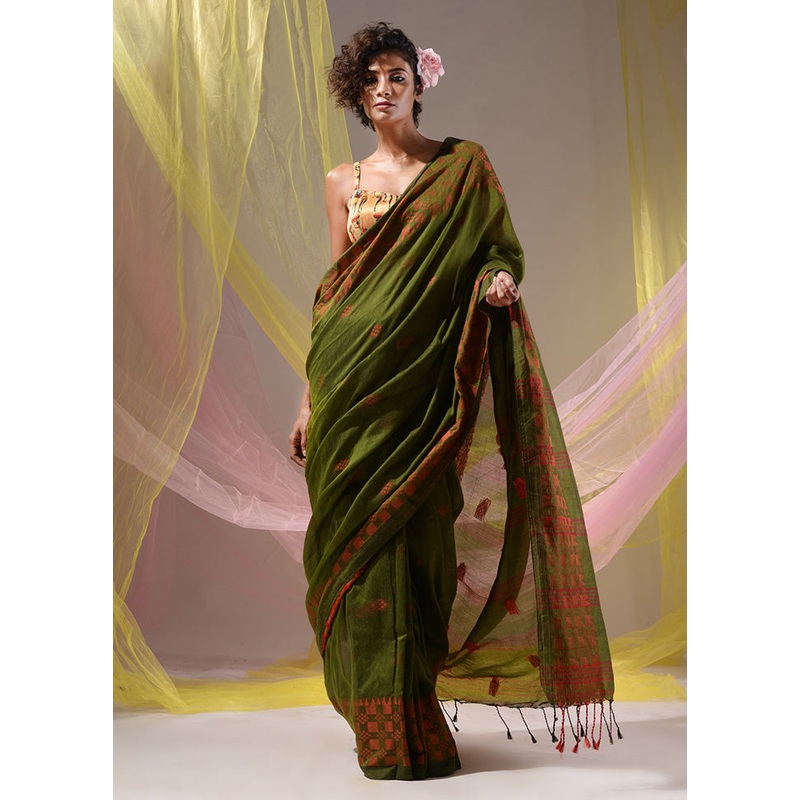 Green Pure Cotton Saree With Blouse Piece - JD986587414