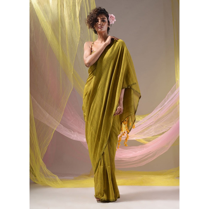 Green Pure Cotton Saree With Blouse Piece - JD986587418