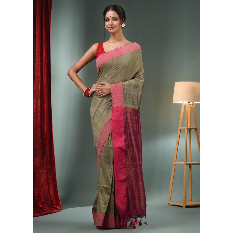 Green Pure Cotton Saree With Blouse Piece - JD986587419