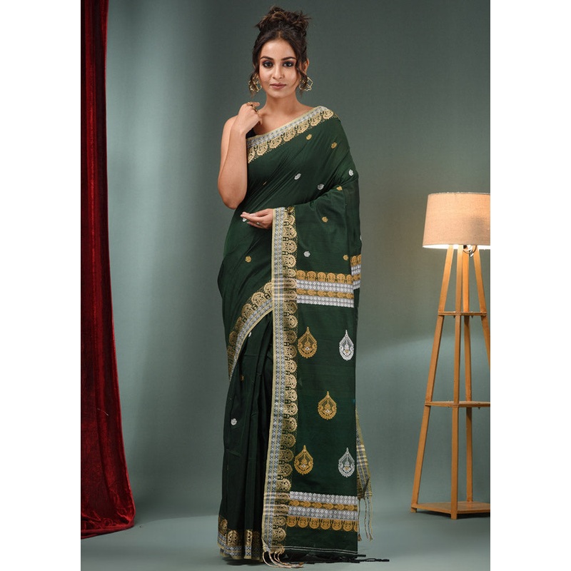 Green Pure Cotton Saree With Blouse Piece - JD986587420