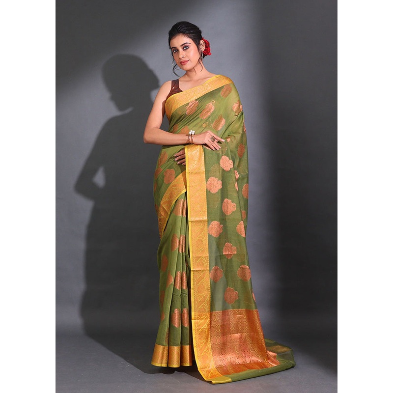 Green Pure Cotton Saree With Blouse Piece - JD986587421
