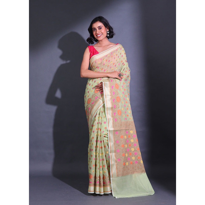 Green Pure Cotton Saree With Blouse Piece - JD986587422