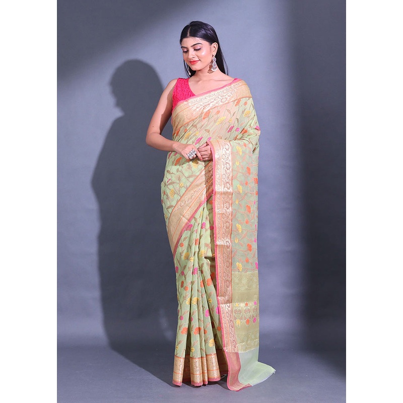 Green Pure Cotton Saree With Blouse Piece - JD986587423