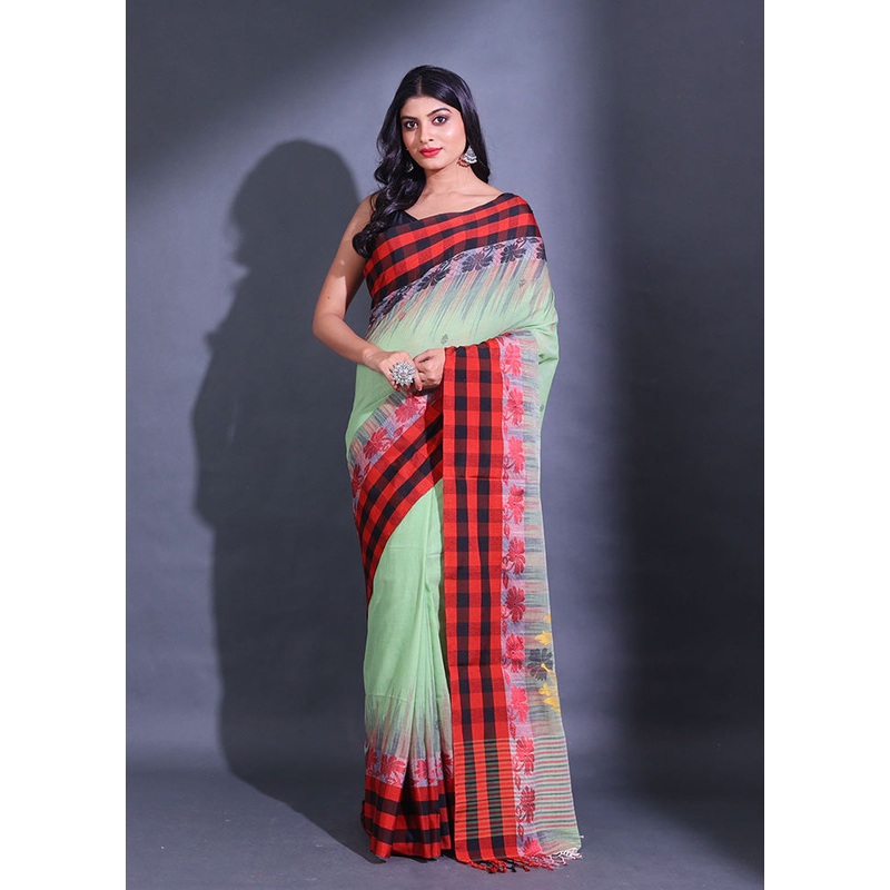 Green Pure Cotton Saree With Blouse Piece - JD986587425