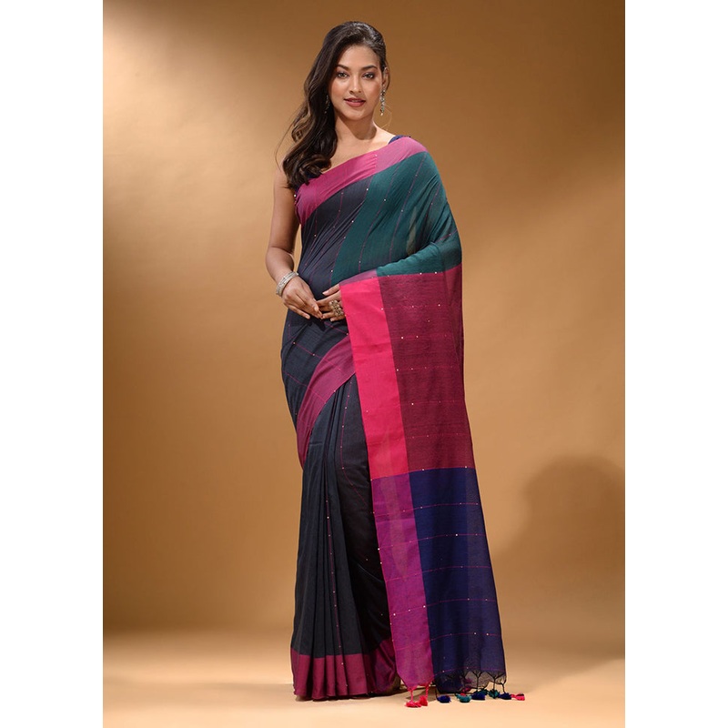 Green Pure Cotton Saree With Blouse Piece - JD986587428