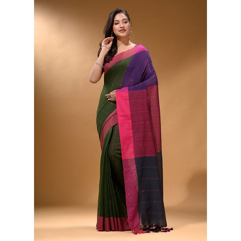 Green Pure Cotton Saree With Blouse Piece - JD986587429
