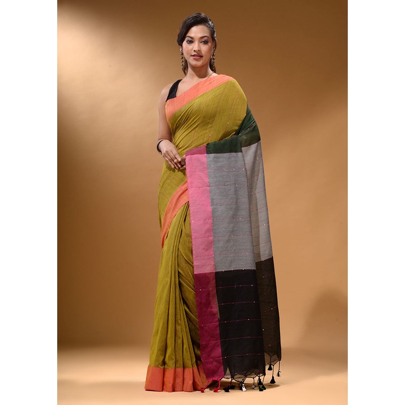 Green Pure Cotton Saree With Blouse Piece - JD986587430