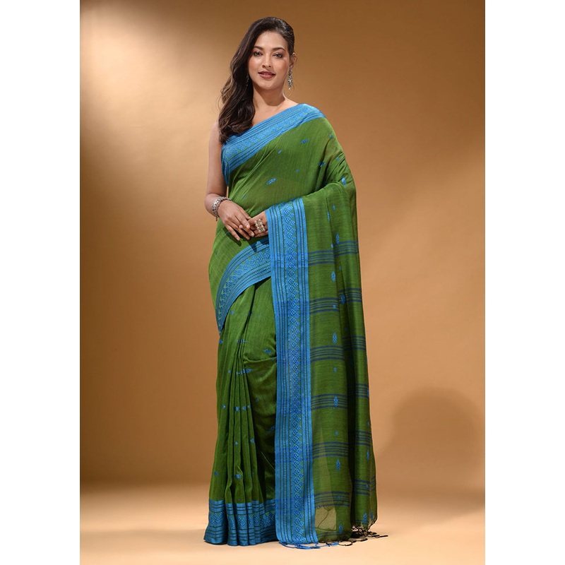 Green Pure Cotton Saree With Blouse Piece - JD986587431