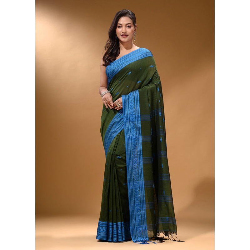 Green Pure Cotton Saree With Blouse Piece - JD986587432