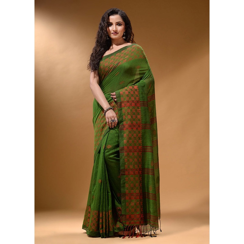Green Pure Cotton Saree With Blouse Piece - JD986587433