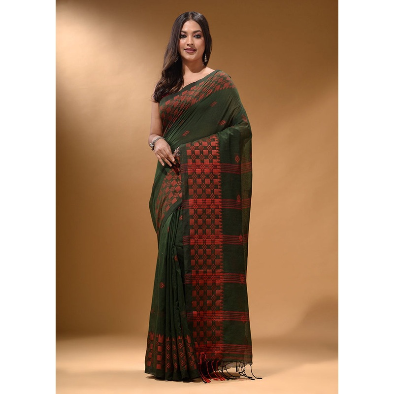Green Pure Cotton Saree With Blouse Piece - JD986587434