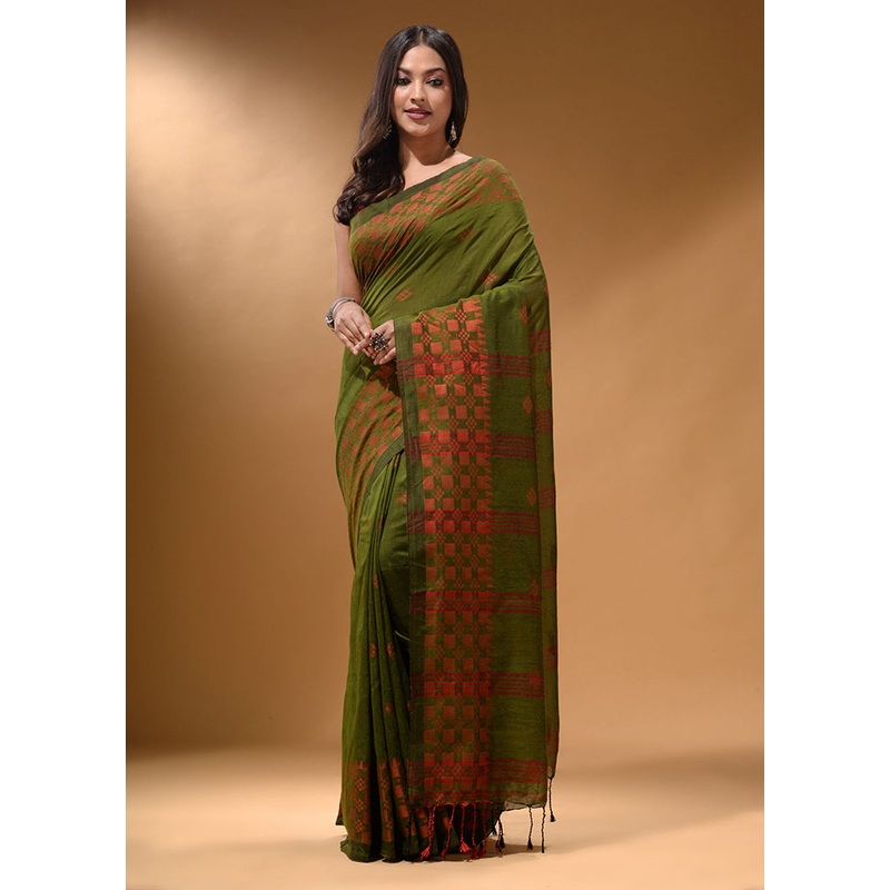 Green Pure Cotton Saree With Blouse Piece - JD986587435