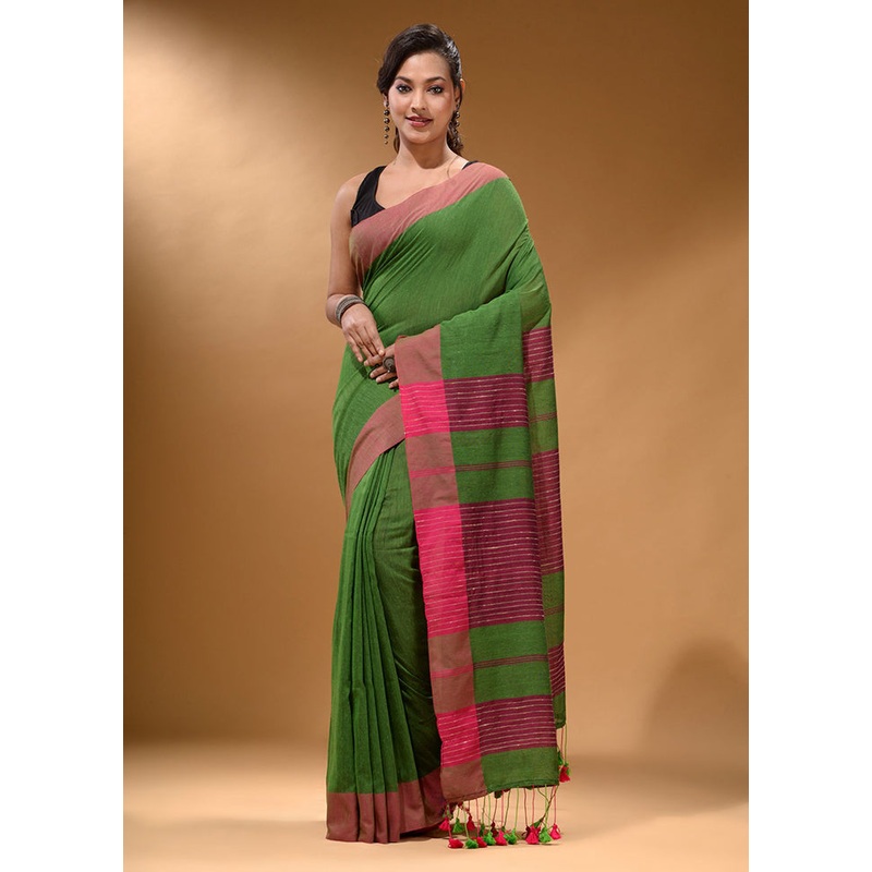 Green Pure Cotton Saree With Blouse Piece - JD986587436