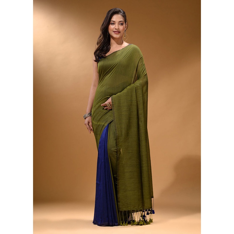Green Pure Cotton Saree With Blouse Piece - JD986587437