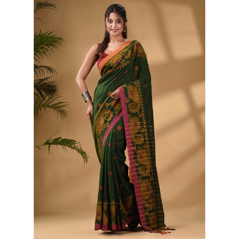 Green Pure Cotton Saree With Blouse Piece - JD986587438
