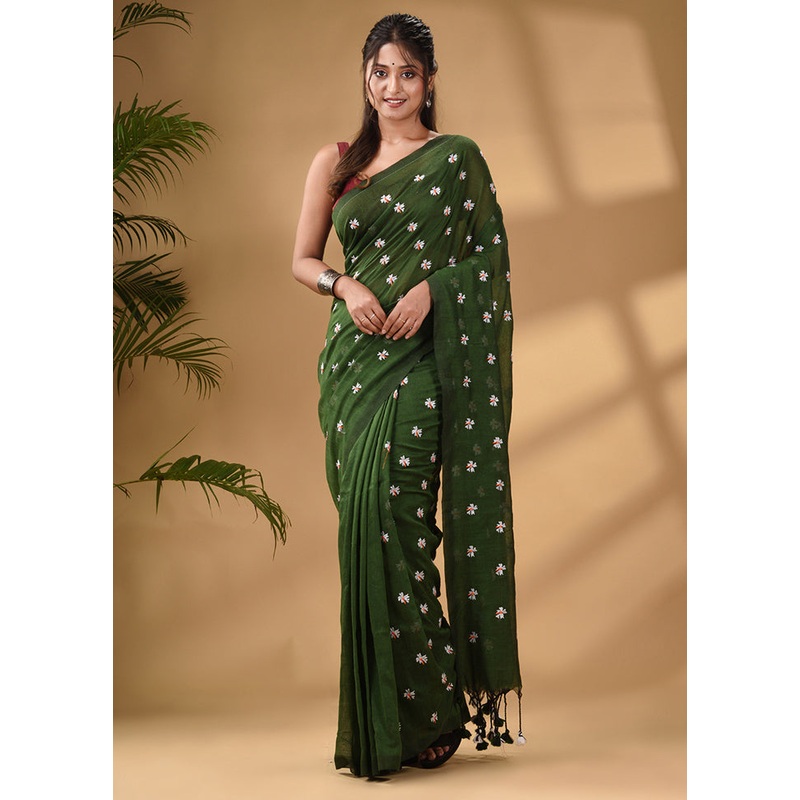 Green Pure Cotton Saree With Blouse Piece - JD986587439