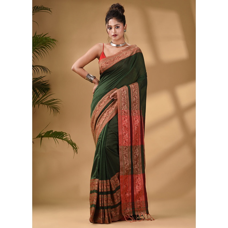 Green Pure Cotton Saree With Blouse Piece - JD986587441