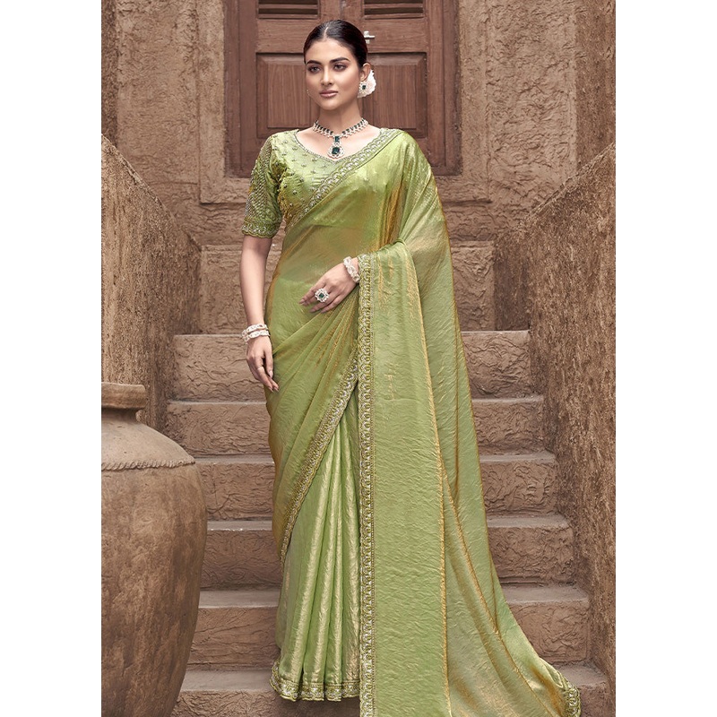 Green Satin Silk Saree With Blouse Piece - JD986587273