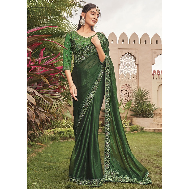 Green Silk Saree With Blouse Piece - JD986587381