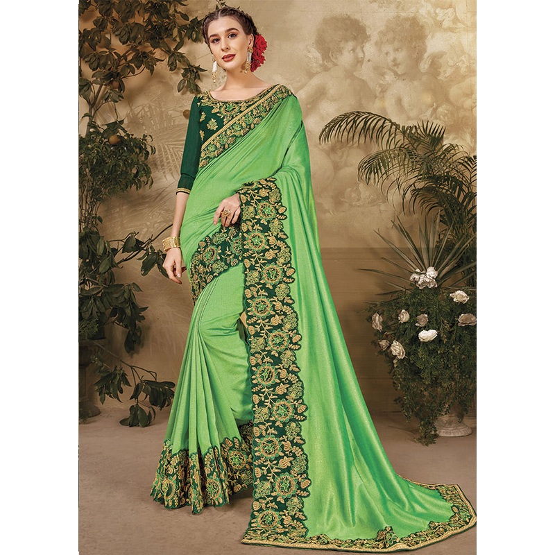 Green Silk Saree With Blouse Piece - JD986587382
