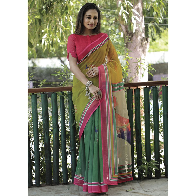 Green Silk Saree With Blouse Piece - JD986587385