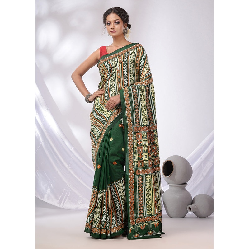 Green Spun Pure Silk Saree With Blouse Piece - JD986587376