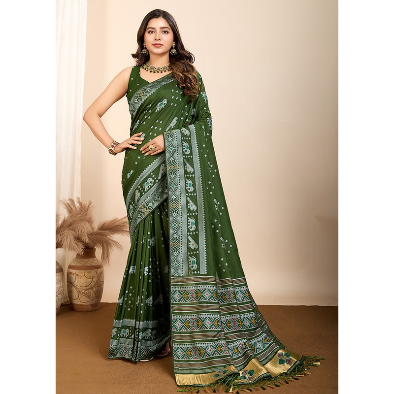 Green Spun Silk Saree With Blouse Piece - JD986587271