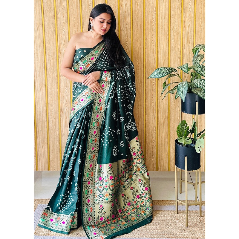 Green Spun Silk Saree With Blouse Piece - JD986587272