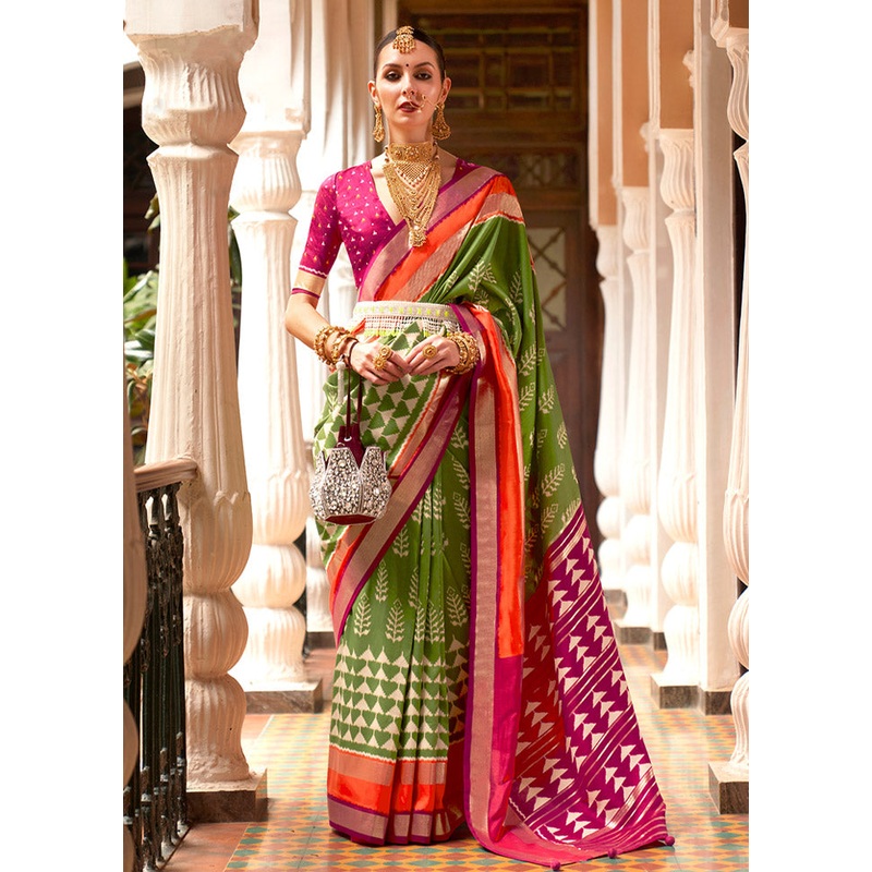 Green Spun Silk Saree With Blouse Piece - JD986587362